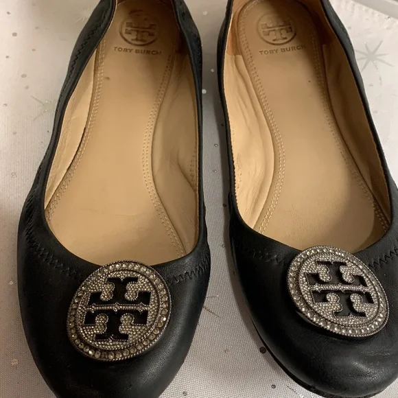 Tory Burch Black Flats with Silver sparkle logo design - Picture 1 of 9